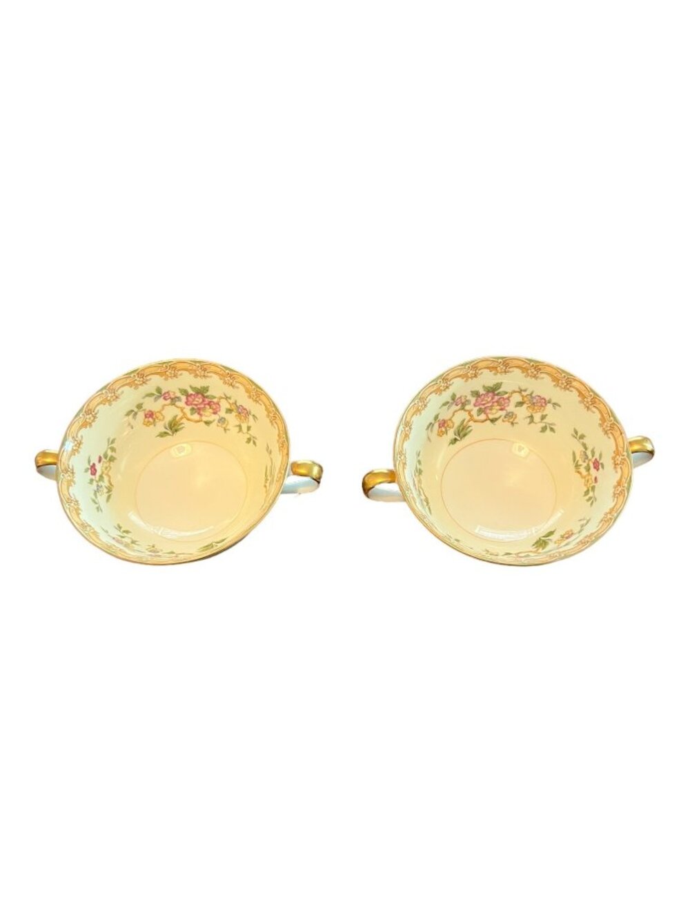 Vintage Noritake M Japan Cream Soup Bowls Pair Double Handle Gold Trim Floral